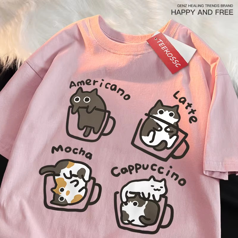 American Style Coffee Cat Print T-Shirts Man Casual Cotton T-Shirt Summer Breathable Tee Clothing Casual Loose Male T-Shirts