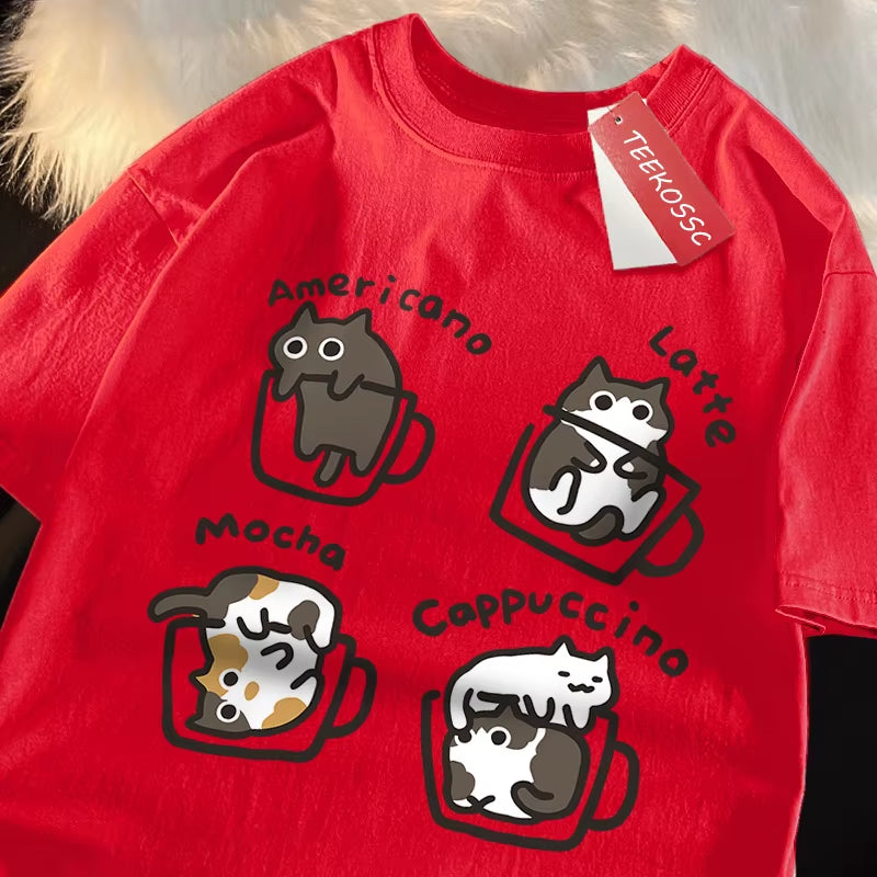 American Style Coffee Cat Print T-Shirts Man Casual Cotton T-Shirt Summer Breathable Tee Clothing Casual Loose Male T-Shirts