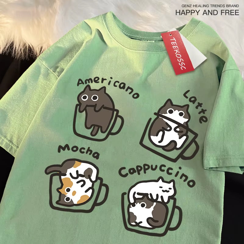 American Style Coffee Cat Print T-Shirts Man Casual Cotton T-Shirt Summer Breathable Tee Clothing Casual Loose Male T-Shirts
