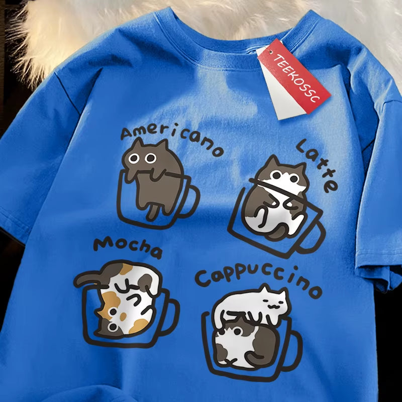 American Style Coffee Cat Print T-Shirts Man Casual Cotton T-Shirt Summer Breathable Tee Clothing Casual Loose Male T-Shirts